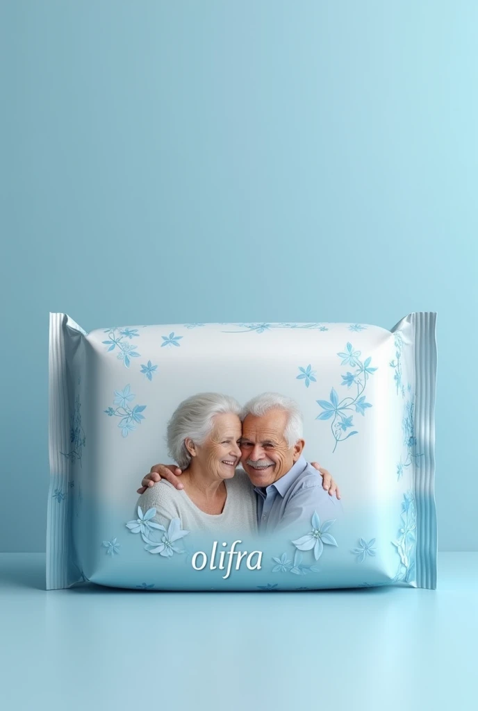 Create a geriatric pad packaging in serenity blue colors with phrases in Portuguese with the name olifral and an elderly couple on the cover