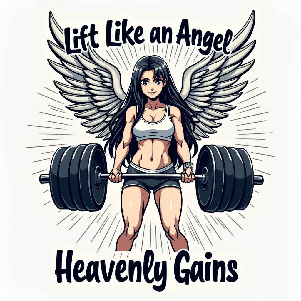 A striking anime-inspired T-shirt design featuring a powerful female character with long, flowing hair and a focused expression. She is performing a deadlift with impressive weights, showcasing her strength and determination. The minimalist backdrop consists of subtle lines and gym-related symbols to emphasize the intensity of her workout. Across the top, the phrase "Lift Like an Angel" is displayed in a strong, modern font. Below the image, the pun "Heavenly Gains" is added, cleverly combining her angelic aura with her powerful workout routine., typography