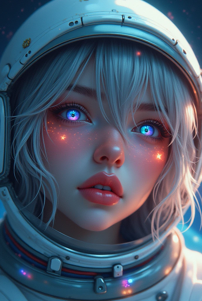 (Close-up of a better masterpiece:1.5)0.9], (Space and astronauts:1.2) (Messy silver hair:1.1) (Heterochromia xanthochromia and blue eyes:1.2) (Space Helmet:1.0) (Colored stars in the eyes:1.0) (A radiant glow:1.1) (thick lips:0.9)