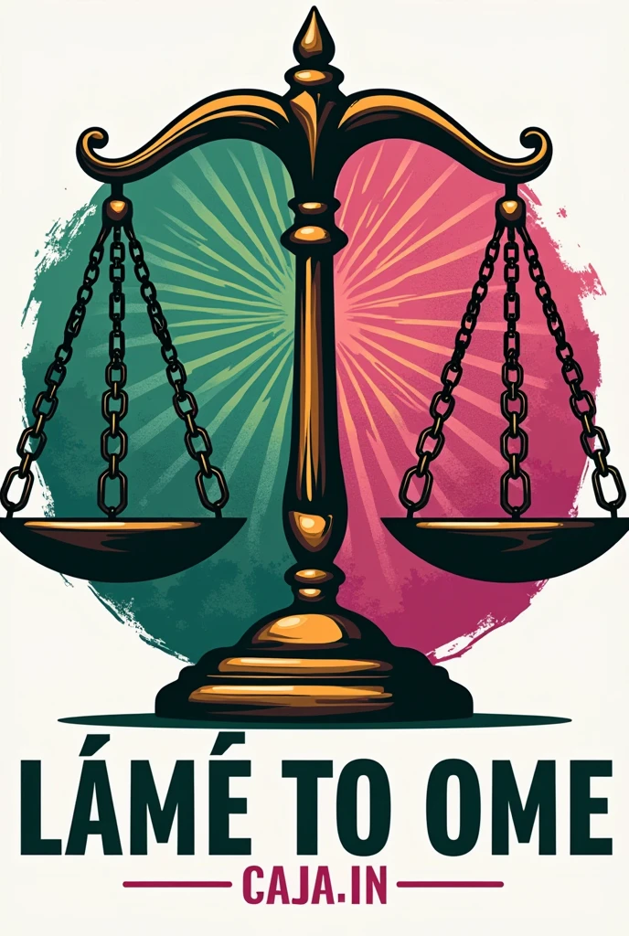 Political campaign logo for judicial election that has to do with scales of justice in green and fuchsia colors and background of Aguayo or Andean whipala in 2D format