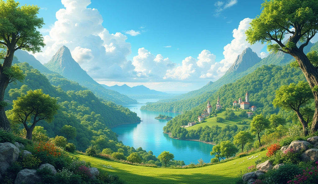 A panoramic view of the Garden of Eden, showing lush vegetation, fruit trees and a serene river. the sky is clear blue with fluffy white clouds, conveying a sense of peace and harmony. the predominant colors are vibrant greens and earthy tones.