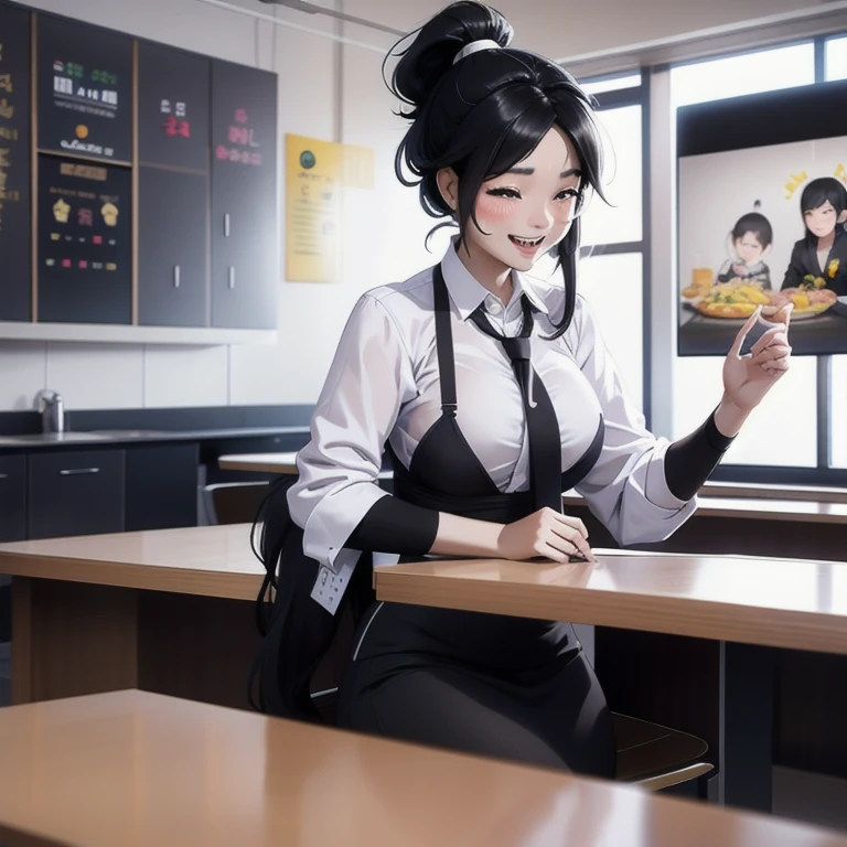 Kizi, Bblack hair, Eldest sister, tie your hair in a ponytail and laugh at the speaker, top quality picture, work of art, beautiful girl, cafeteria,