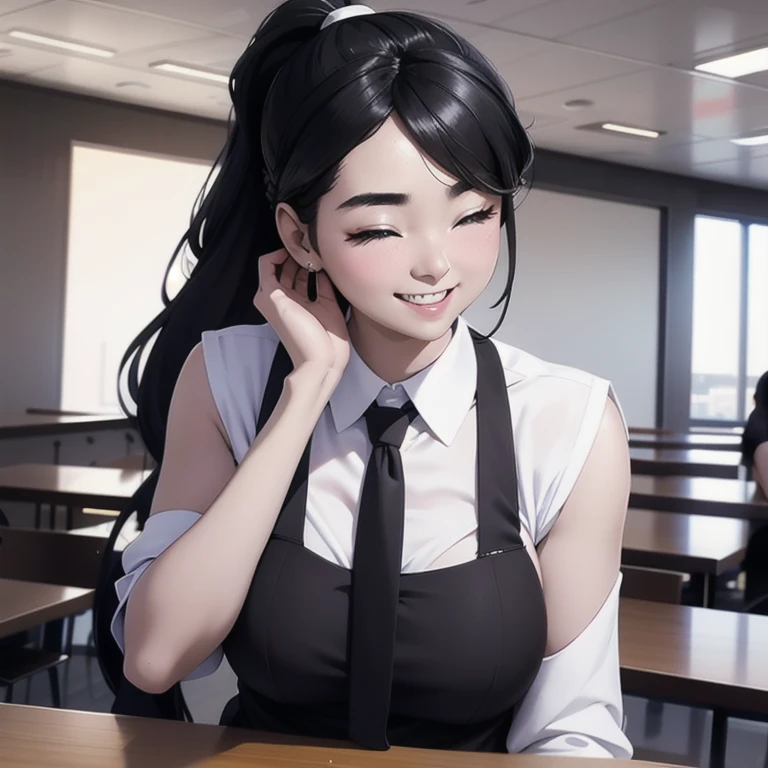 Kizi, Bblack hair, Eldest sister, tie your hair in a ponytail and laugh at the speaker, top quality picture, work of art, beautiful girl, cafeteria,