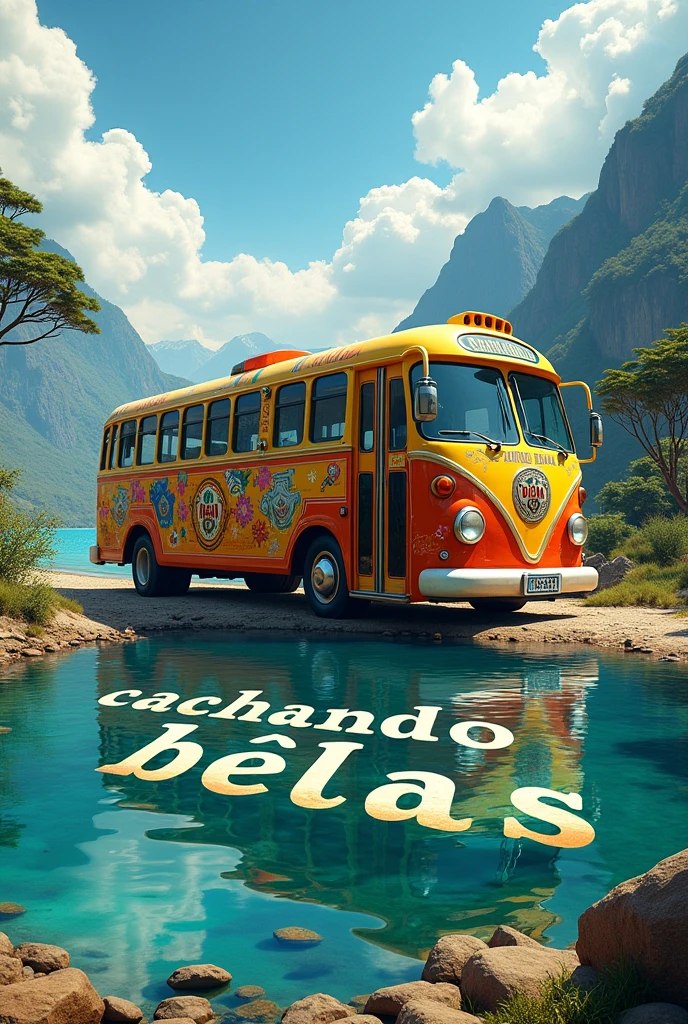 You can make an image where a tourist bus appears painted with a beer theme and a lake that has the words cachando bielas. It could be a large bus with a base in the middle of the world of Ecuador.