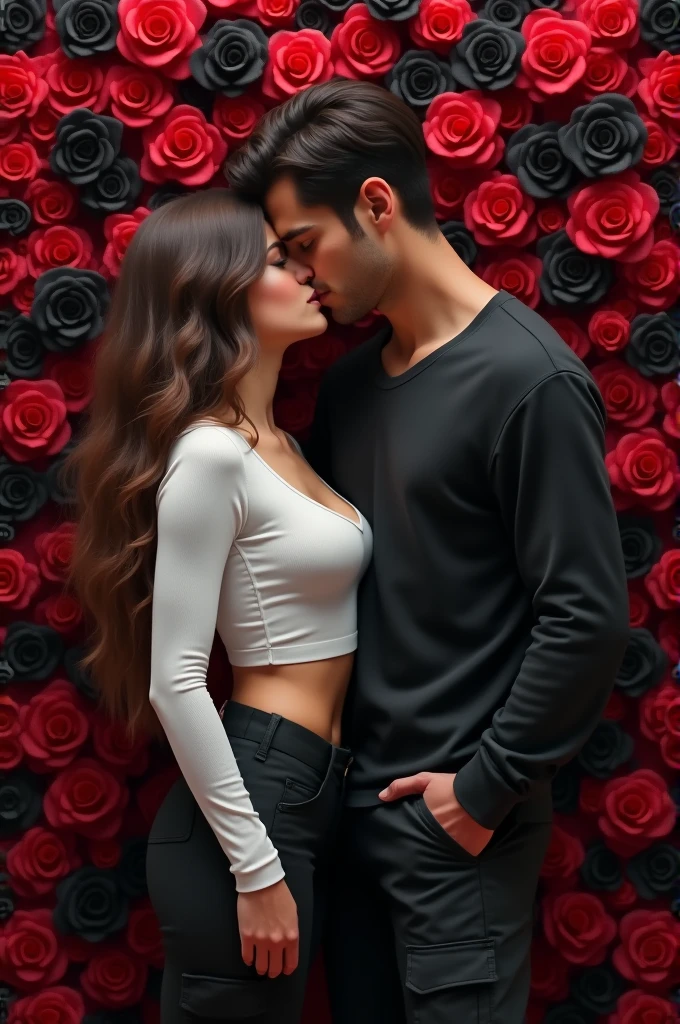 Woman with long brown hair ,in black cargo pants and a white long-sleeved crop top almost kissing her tall, dark-haired, white partner of Italian descent ,with a background of the image with red and black roses 