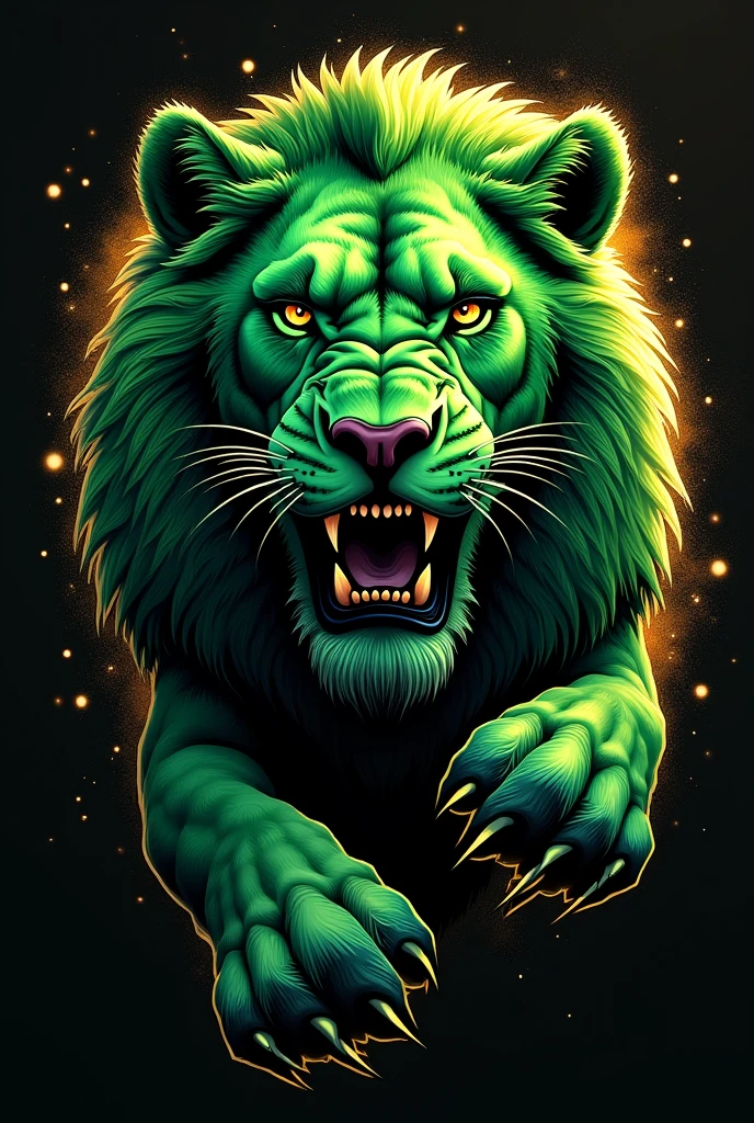 Various designs of sports t-shirts with a green lion, black and gold 