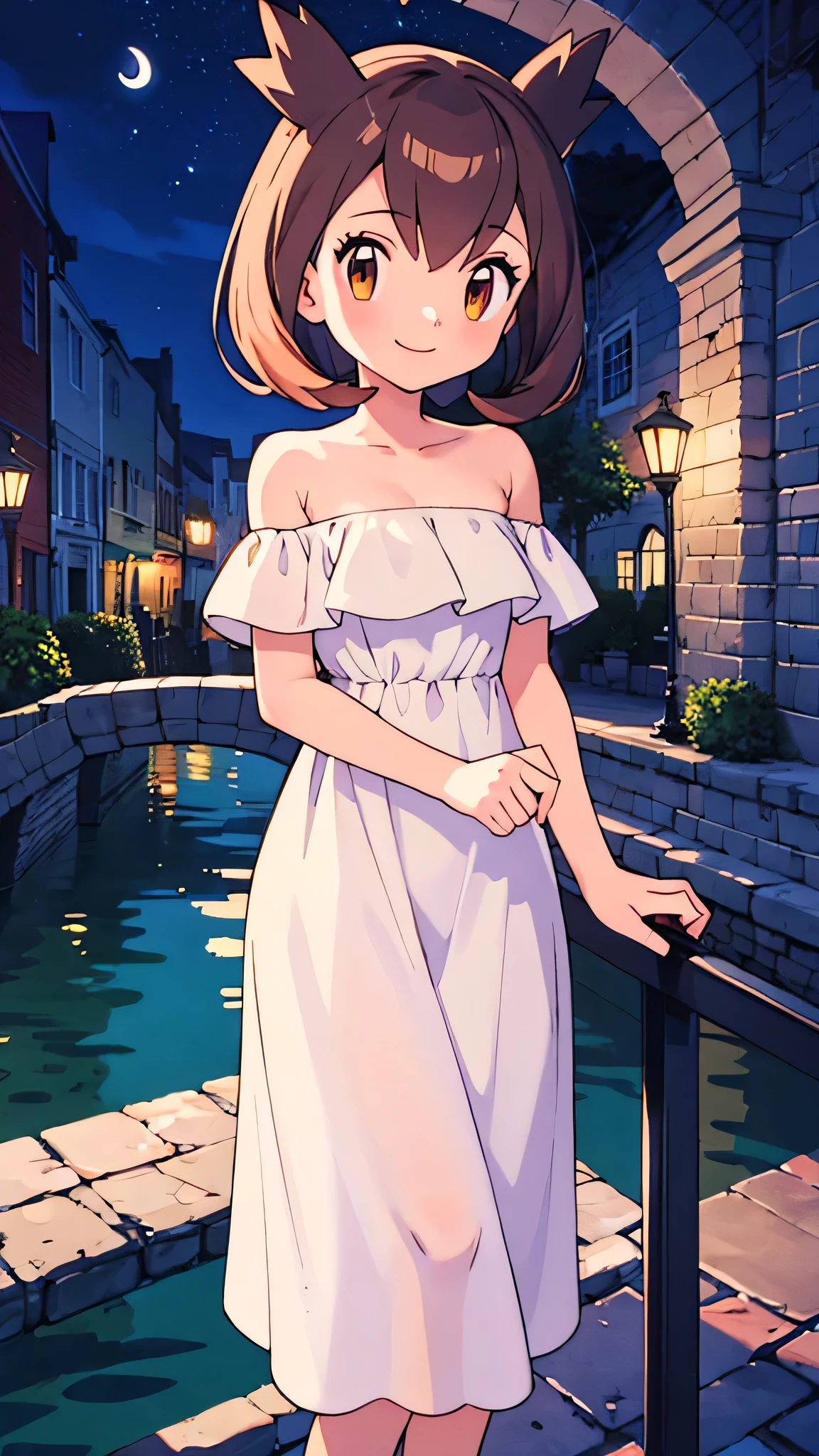 masterpiece, best quality, ultra-detailed, illustration, beautiful detailed eyes, very detailed illustration, cinematic lighting, 1 girl, solo, Pokemon Heroes (Bianca), Brown Hair, brown eyes, bare shoulders, strapless, off shoulders, white ruffle off the shoulder top, white maxi dress, as she stand on a bridge at the canal in the town in midsummer at night, night skies and a crescent moon, smile
