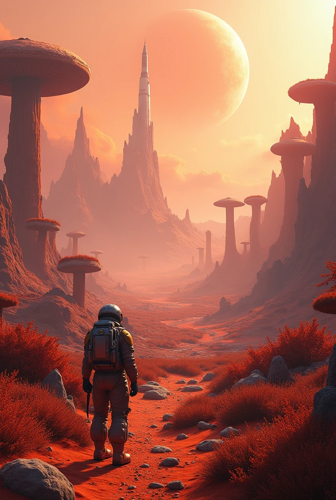 4k,ultraHD, Landscapes in the valley on a red Planet, strange large mushroom sights, strange plants, abandoned spaceships, alien life, Foundation space rocket, war planet, and the building of human colonies, cosmonaut, Best image quality, photography professional, super realistic,