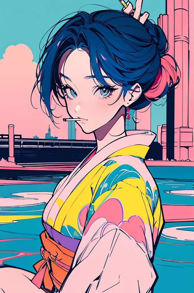 A retro anime-style illustration.A stylized illustration of a woman in traditional Japanese clothing (kimono) sitting by a river, holding a cigarette and exhaling smoke. The background features a vibrant, colorful cityscape with modern skyscrapers, a tower resembling Tokyo Tower, and a sunset sky with pastel hues of yellow, pink, and blue. The woman's hair is styled in a traditional updo, and she has a contemplative expression. The art style should be a blend of retro and modern, with a slight pop-art influence, using bold outlines and a limited color palette.