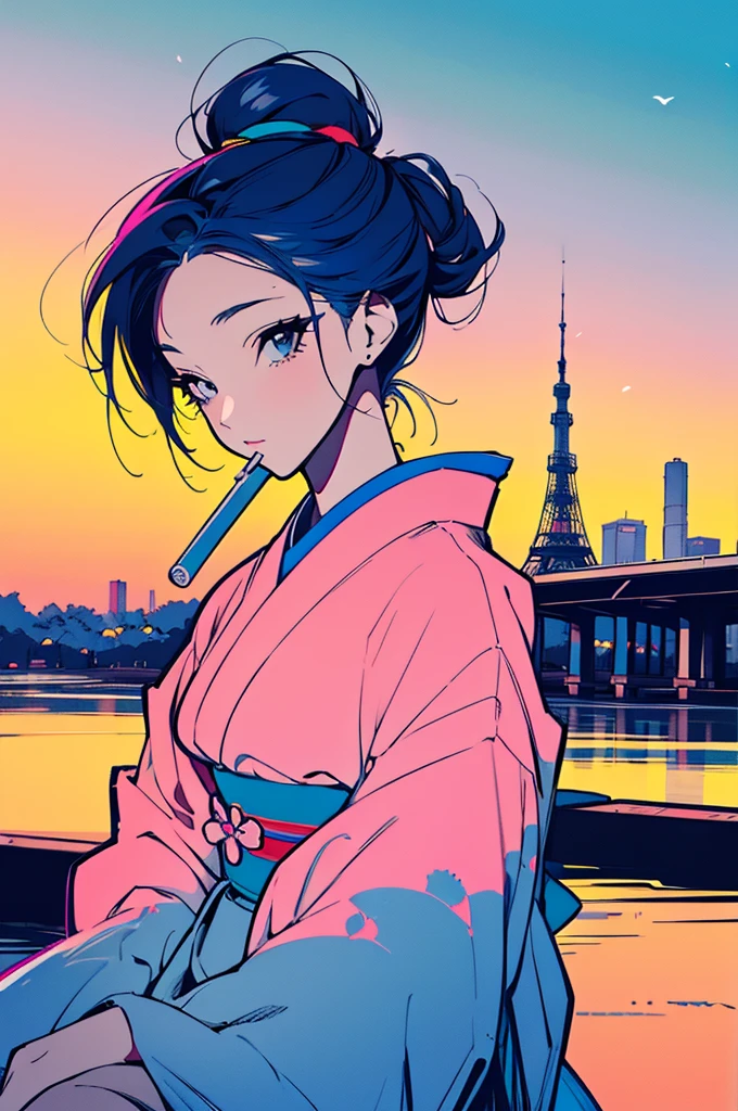 A retro anime-style illustration.A stylized illustration of a woman in traditional Japanese clothing (kimono) sitting by a river, holding a cigarette and exhaling smoke. The background features a vibrant, colorful cityscape with modern skyscrapers, a tower resembling Tokyo Tower, and a sunset sky with pastel hues of yellow, pink, and blue. The woman's hair is styled in a traditional updo, and she has a contemplative expression. The art style should be a blend of retro and modern, with a slight pop-art influence, using bold outlines and a limited color palette.