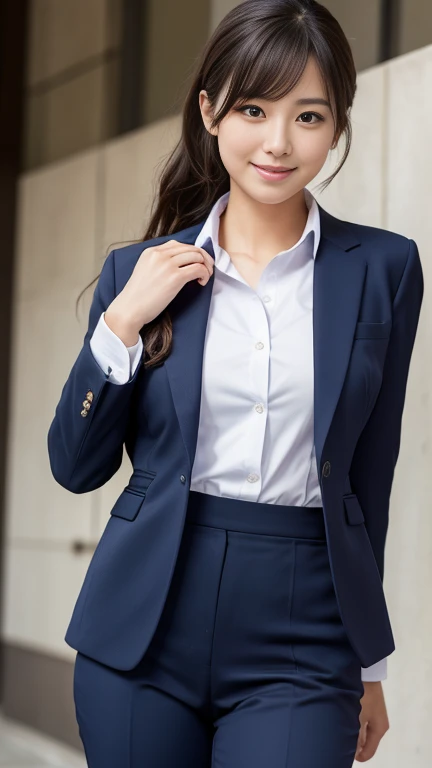 Highest quality, masterpiece, Ultra-high resolution, (Realistic:1.4), Raw photo, One person, , The most famous Japanese idols, Wearing a navy blue business suit, Upturned buttocks, Very cute face like the most popular Japanese idol, Very beautiful big black eyes, Very beautiful beautiful hair, Very beautiful skin, Very beautiful thighs, View your viewers, An innocent smile, Dynamic Pose, Detailed navy blue business suit