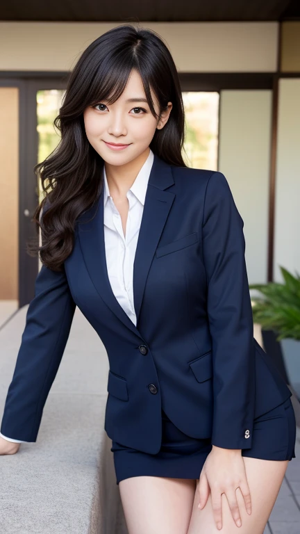 Highest quality, masterpiece, Ultra-high resolution, (Realistic:1.4), Raw photo, One person, , The most famous Japanese idols, Wearing a navy blue business suit, Upturned buttocks, Very cute face like the most popular Japanese idol, Very beautiful big black eyes, Very beautiful beautiful hair, Very beautiful skin, Very beautiful thighs, View your viewers, An innocent smile, Dynamic Pose, Detailed navy blue business suit