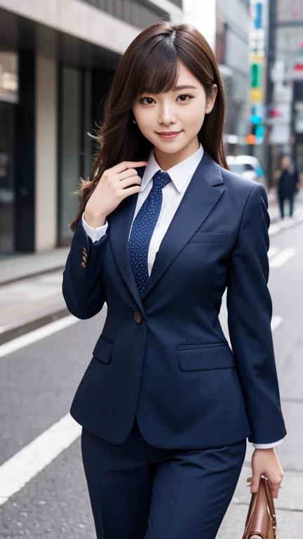 Highest quality, masterpiece, Ultra-high resolution, (Realistic:1.4), Raw photo, One person, , The most famous Japanese idols, Wearing a navy blue business suit, Upturned buttocks, Very cute face like the most popular Japanese idol, Very beautiful big black eyes, Very beautiful beautiful hair, Very beautiful skin, Very beautiful thighs, View your viewers, An innocent smile, Dynamic Pose, Detailed navy blue business suit