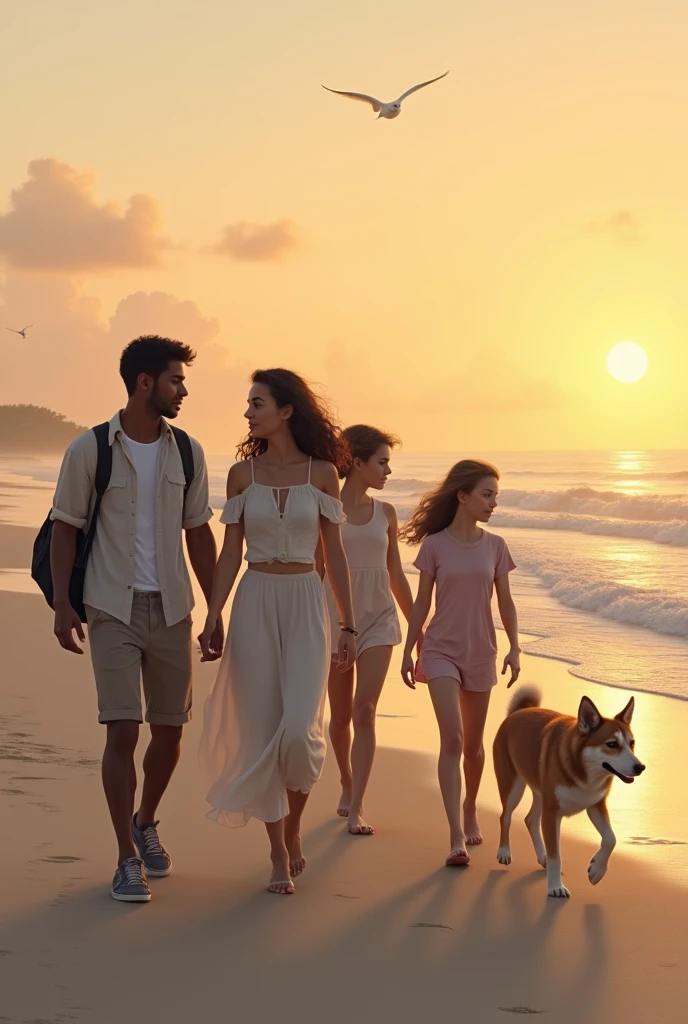 walking backwards, A white girl and a dark-skinned man at sunrise on the beach, with three young people, two females and one male and one dog