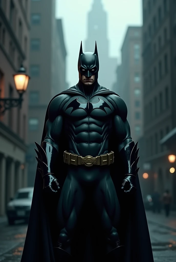 Batman, All black shiny suit, matte black coat, muscular, from the front looking at the camera, Gothic street, dark fog, Gotham City in the background, bright Eyes.