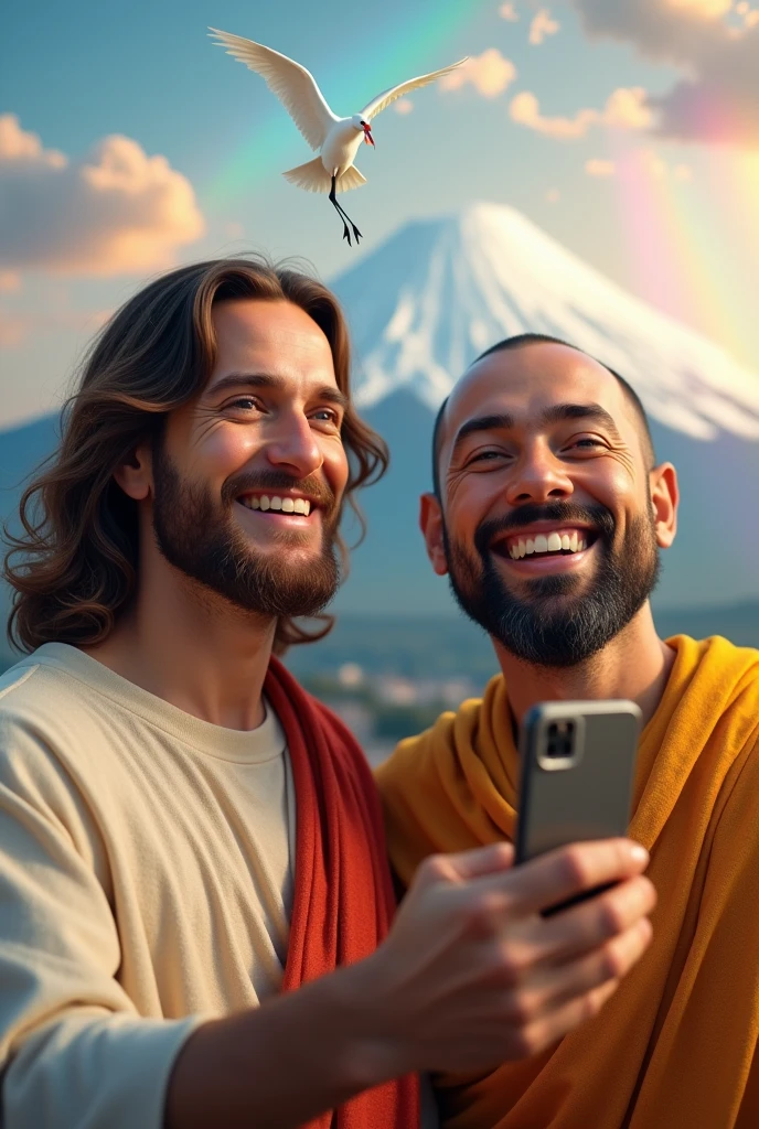 Jesus Christ and Buddha looking at a selfie with Mt. Fuji in the background. They smile happily with wise and benevolent faces. He holds a photo in his hand. Surrounded by rainbow-colored light. Jesus of Nazareth is depicted as a gentle, gentle man with shoulder-length hair. His wavy brown hair flows over his shoulders. His face conveys deep wisdom and empathy, radiating warmth and understanding. The other man is depicted as a kind-hearted Japanese man with Buddha-like spiral hair and a calm and cheerful expression. The earlobes are long and the tips are rounded. The Buddha's face conveys deep human wisdom and empathy, exuding warmth and understanding. You can see a flying white crane and Mt. Fuji in the background. Photography, close-up, highly detailed, trending at the art station, sharp focus, studio shot, intricate details, Greg Rutkowski,