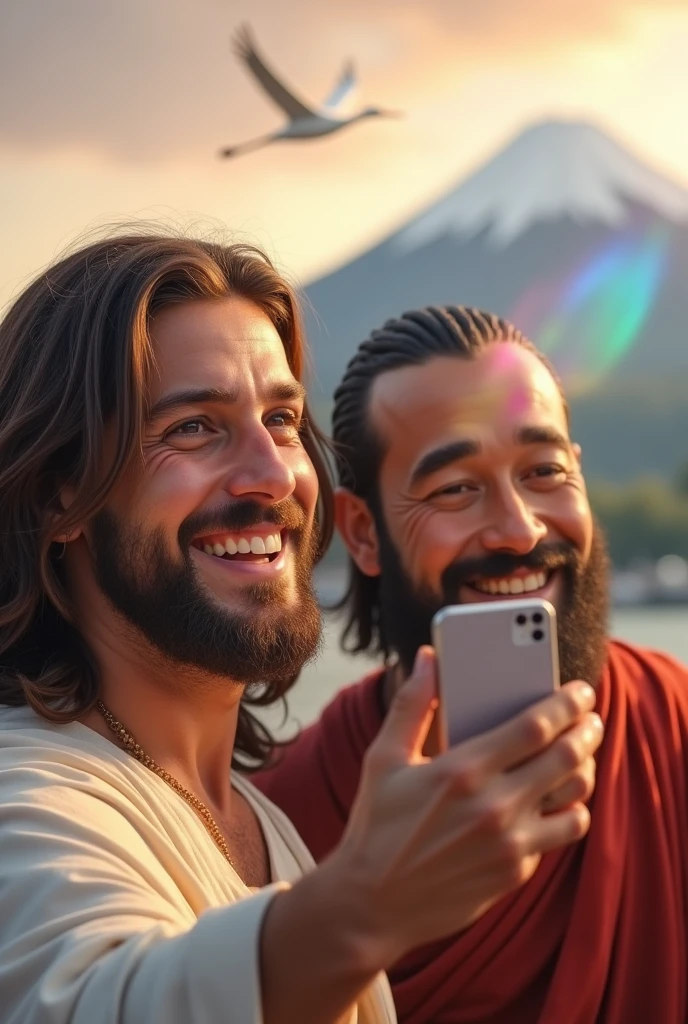 Jesus Christ and Buddha looking at a selfie with Mt. Fuji in the background. They smile happily with wise and benevolent faces. He holds a photo in his hand. Surrounded by rainbow-colored light. Jesus of Nazareth is depicted as a gentle, gentle man with shoulder-length hair. His wavy brown hair flows over his shoulders. His face conveys deep wisdom and empathy, radiating warmth and understanding. The other man is depicted as a kind-hearted Japanese man with Buddha-like spiral hair and a calm and cheerful expression. The earlobes are long and the tips are rounded. The Buddha's face conveys deep human wisdom and empathy, exuding warmth and understanding. You can see a flying white crane and Mt. Fuji in the background. Photography, close-up, highly detailed, trending at the art station, sharp focus, studio shot, intricate details, Greg Rutkowski,
