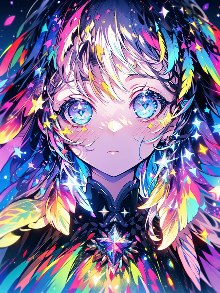 masterpiece、girl、Rainbow colorsの髪、Sparkling eyes、Serious face、Shining Background、Starry Ski、Rainbow colors