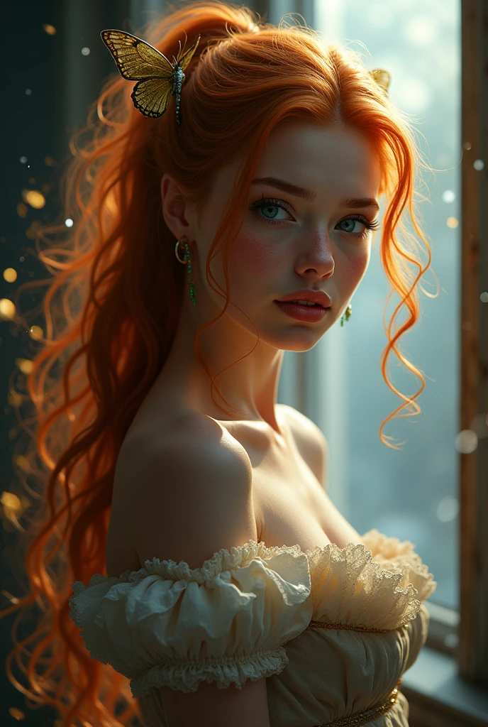 (solo, full body photo:1.3), (action packed:1.3), (haze, fog, mist:1.3), chiaroscuro, best quality, photorealistic, 1woman, (cute), (24yo:1.2), redhead, long ginger hair highly detailed, 1700'S, digital photography, art by artgerm and ruan jia and greg rutkowski surreal painting gold butterfly filigree, broken glass, (masterpiece, sidelighting, finely detailed Fashionable eyes: 1.2) (perfect oval large eyes that gazes at the viewer), beautiful detailed face, blue gorgeous perfect eyes, (blonde hair ponytail), (attractive young woman:1.3), (thick amazing hair), (seductive:1.1), (blushing:1.1)