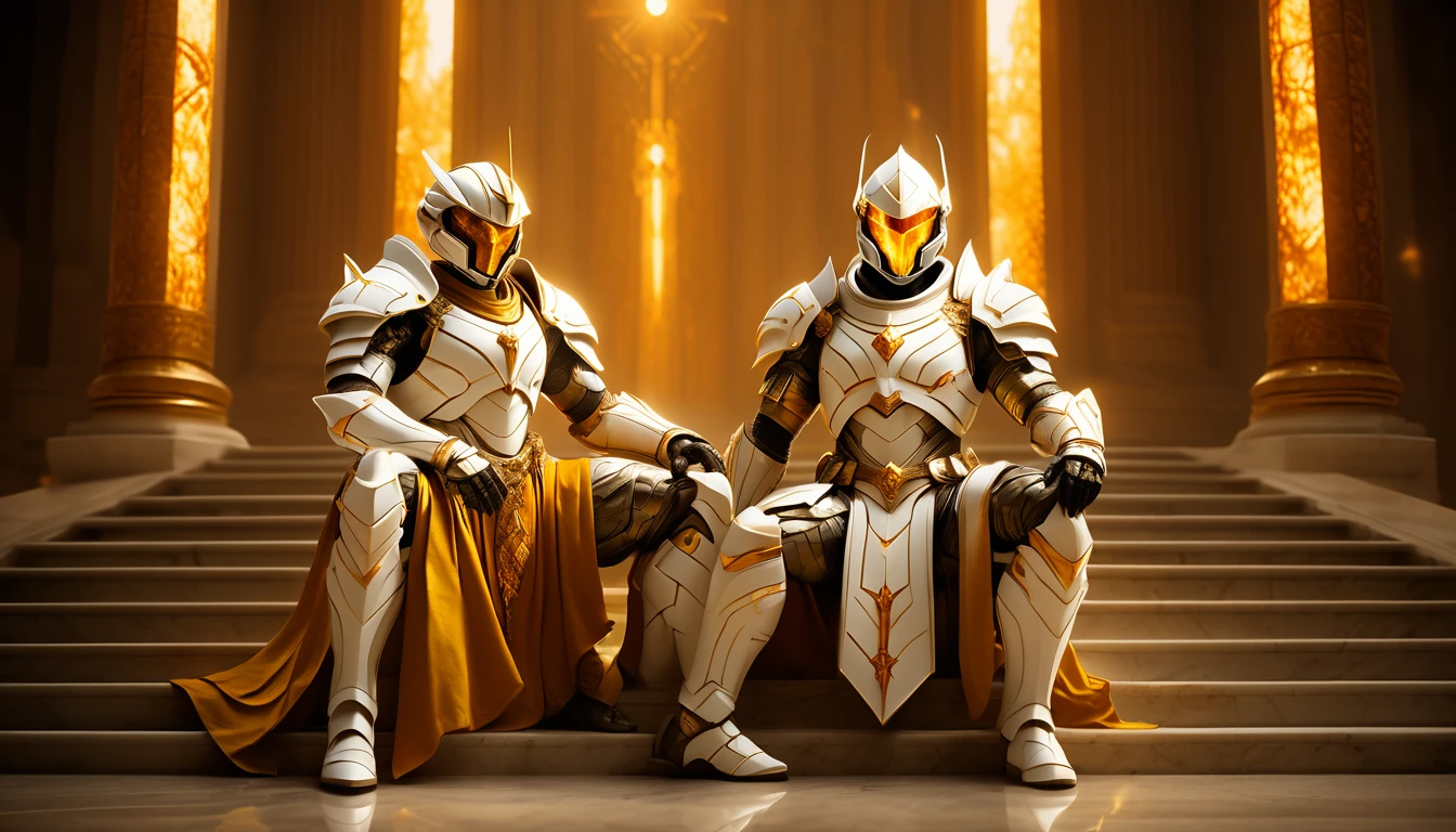 Masterpieces, male, Holy white Knight, (white armor) Action style shot, sitting on marble stairs leaning against roman style temple pillars. (no undercloth), holding a spear in one hand, Glowing amber colored Christian Cross on breastplate, (Battle Priest in a warframe and halo style armor holding a spear with radiant amber light, emanating potent gold light magic.), (amber half cape), (action shot: sitting down on marble stairs), (white, amber and gold color scheme), (5 amber gems on belt), (holy light magic effects), white and amber tabard, centered, full body shot fighting, sci-fi knight, Halo master chief, vibrant colors, visible figure joints, cinematic shot, volumetric lighting, intricate pattern detail, highly detailed