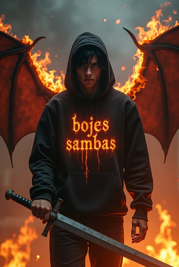 Realistic photo, showing a young man with emo hair, wearing a hoodie with the words, "bojes sambas" on fire, carrying a long sword, bat wings spread wide and very large, made to walk, thin wisps of smoke forming the name "bojes sambas" thick tribol part the front looks like it's on fire, the dark background is smoky with flames, very realistic ultra UHD 8k.