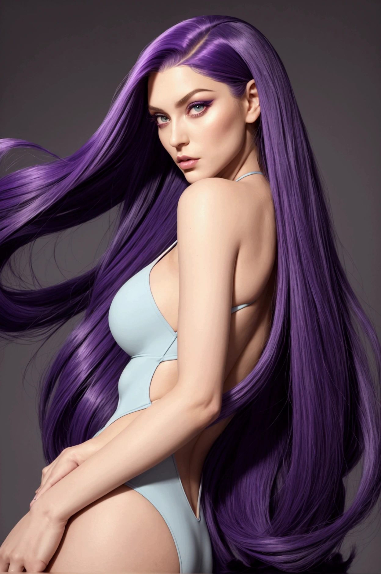essie is known for her long purple hair, that curve back into a sleek, exaggerated hairstyle. She has large eyes with blue-green irises., and his expression reflects arrogance and determination. With clear and smooth skin, She has a slim and tall figure, with a confident posture that matches her slim, athletic figure.