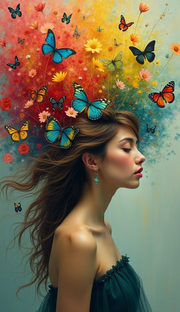 A breathtaking cinematic oil painting that depicts a serene woman with a captivating burst of vibrant colors in her cascading locks. The bright hues of red, yellow, blue, and green butterflies create an impression of a floral explosion, adding a dreamy and ethereal atmosphere. The muted background accentuates the focal point of the woman, and the painting's overall mood is enchanting and mesmerizing. This truly is a masterpiece, showcasing the essence of a captivating illustration.ᎩᗩᏆᔑ(◠‿◠), illustration, vibrant, painting, photo, cinematic