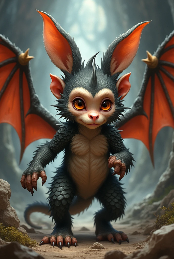 Mix of a dragon, A monkey and a rabbit in a 2D creature that looks like it came out of an epic adventure tale, a little dark and serious