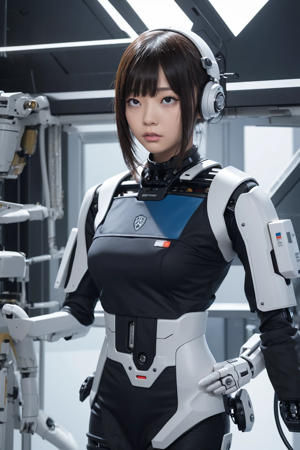 masterpiece, best quality, extremely detailed, Japaese android girl,Plump ,control panels,android,Droid,Mechanical Hand, Robot arms and legs,Blunt bangs,perfect robot girl,long tube,thick cable connected her neck,android,robot,humanoid,cyborg,japanese cyborg girl ,robot-assembly plant,She has assembled now,assembly scene,chest monitor,rolling eyes