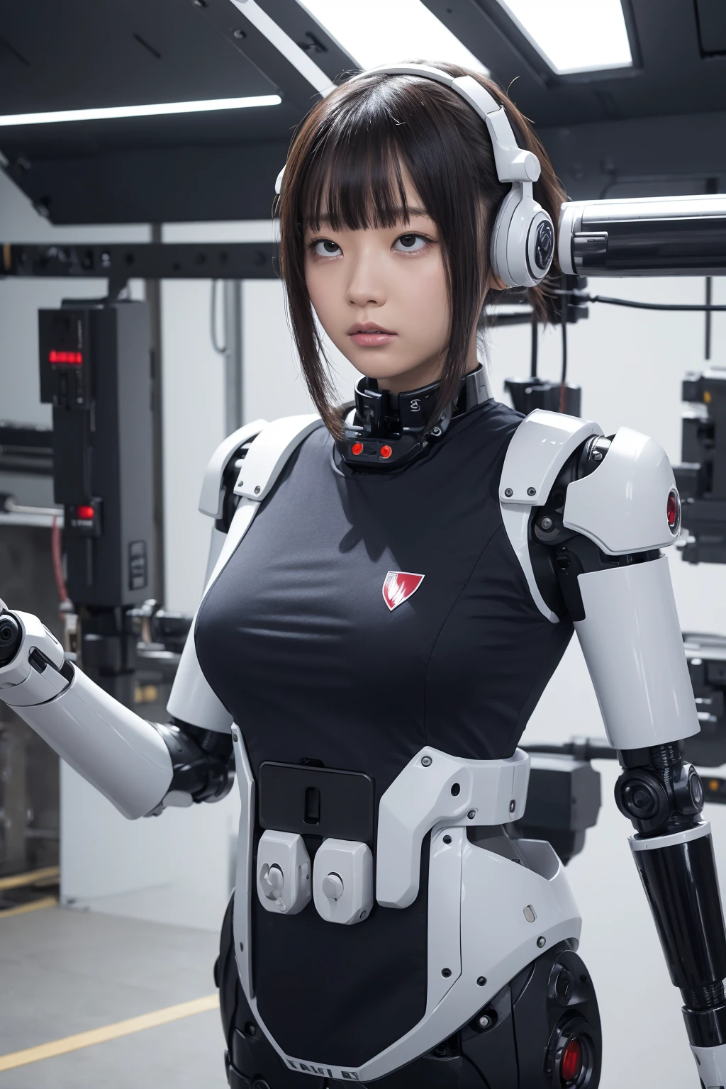 masterpiece, best quality, extremely detailed, Japaese android girl,Plump ,control panels,android,Droid,Mechanical Hand, Robot arms and legs,Blunt bangs,perfect robot girl,long tube,thick cable connected her neck,android,robot,humanoid,cyborg,japanese cyborg girl ,robot-assembly plant,She has assembled now,assembly scene,chest monitor,rolling eyes