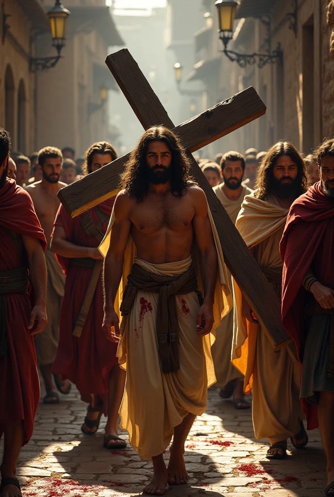 Roman soldiers bringing Jesus with a big cross on his back his body covered in blood