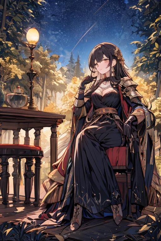 full_body,armor_bikini,armor_gloves,armor_boots,garter_belt,necklace,earrings,pubic_tatoo,moonlight,starlight,forests,stary_sky,beautiful_sky,beautiful_forests,fog,blush,night,campfire,sitting_on_chair,beautiful_black_and_bronde_multicolored_hair,beautiful_yellow_eyes,1_beautiful_girl,cute_face,pretty_face,beautiful,perfect_quality,perfect_anatomy,perfect_body,masterpiece,