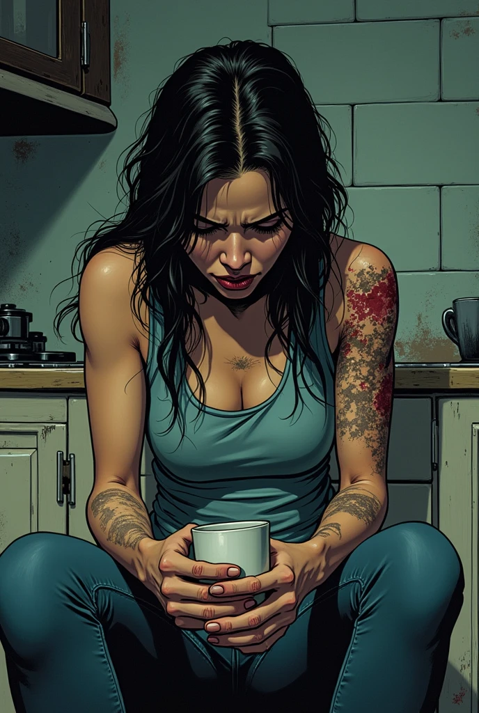 Draw a comic book-style drawing of a woman with bruised arms sitting in the kitchen holding a cup