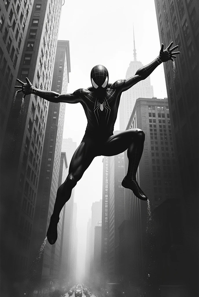 Spiderman falling from the sky in black and white but in the style of painting with tempera