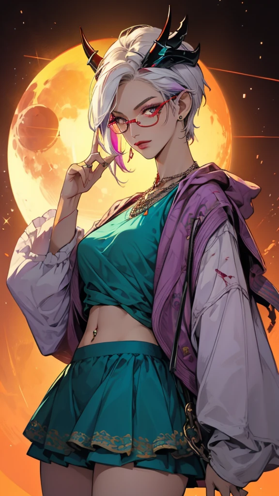 8k, masterpiece, best quality, highly detailed, 1 girl, tiefling, warlock, pixie cut, multicolored hair, very short straight hair red highlight hair on white hair, strippled hair, wearing glasses, round glasses, earrings, navel piercing, red eyeshadow, long eyelashes, blushed cheek, red lips, pearl necklace, rings, collarbone, mole on face, glamorous, teal and purple clothes, sleeveless, miniskirt, smirk, close up view, rings, looking at viewer, demon horns, solo, milky way, blood red moon, standing, chains on the background.