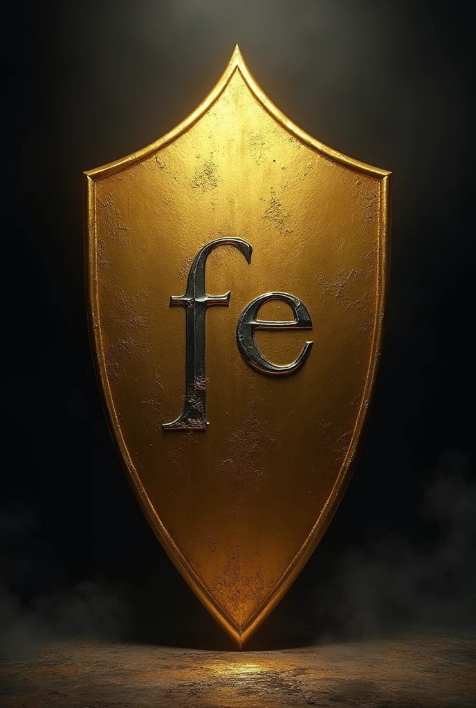 dark background, a gold shield with the word "fe"