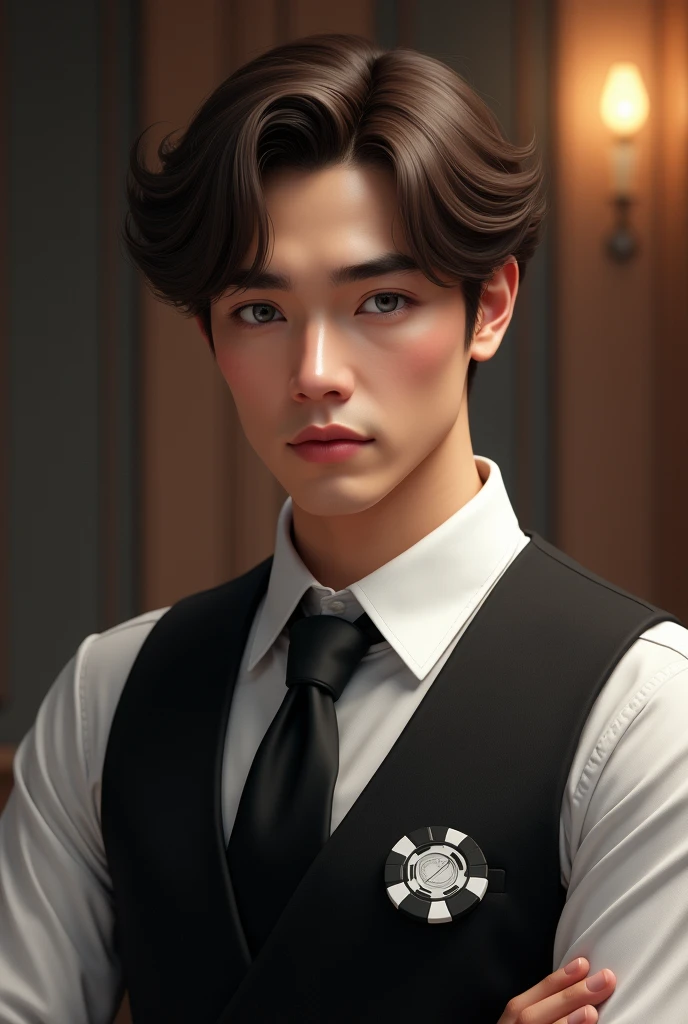 A young man with layered brown hair and gray eyes Wearing a white shirt and a black vest and tie, with a betting chip on his vest.