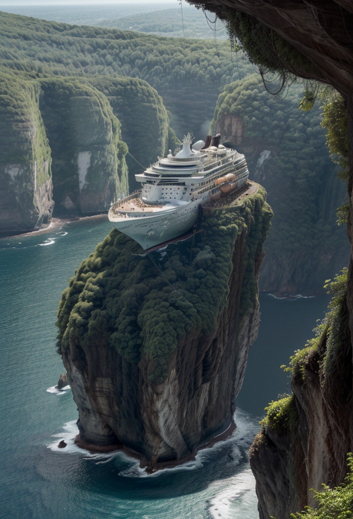 "A large cruise ship on top of a vertical cliff covered in green foliage, with the front of the ship jutting out. The image should be viewed from above, realistic, and rich in details, highlighting the contrast between the ship and the natural setting. Create a 4K image, DSLR Canon style."
