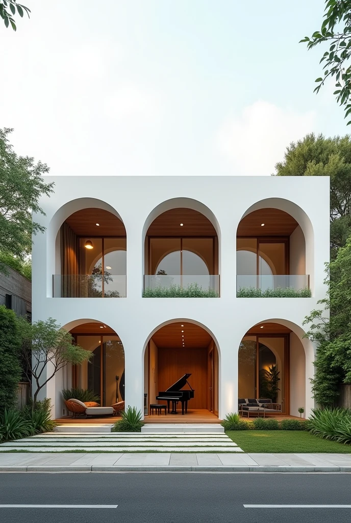 Create several images containing the facade and interior of a small but innovative two-story house. , It must have arches on the minimalist facade, that is white on the outside and contains as material apparent concrete and maple wood and vegetation , It also has to be modern and for a couple it has a piano.