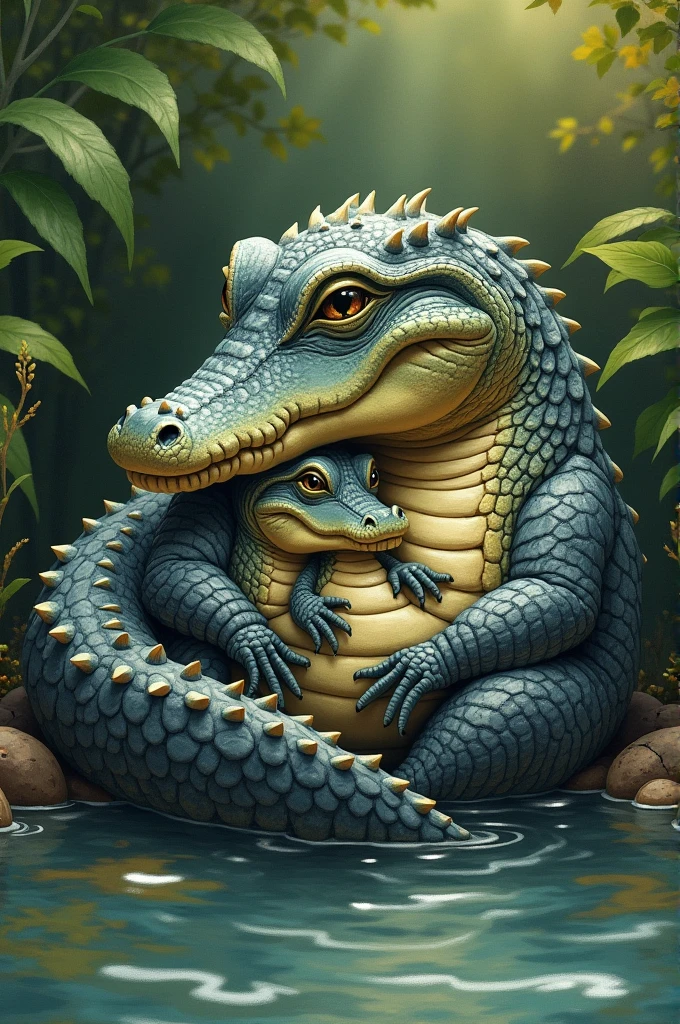 A drawing of a crocodile with his mother
