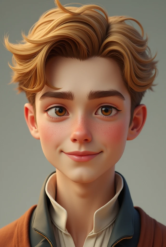Create a realistic image of a young man who is a prince, His face has defined features and a marked jaw., Her skin is white, almost pale, His eyes are hazel and clear, Her hair is brown or honey, almost blonde, and her smile is gentle and charming