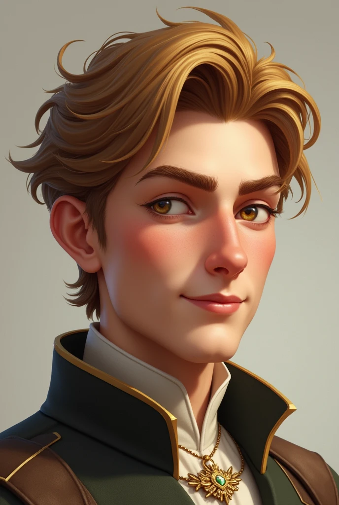 Create a realistic image of a young man who is a prince, His face has defined features and a marked jaw., Her skin is white, almost pale, His eyes are hazel and clear, Her hair is brown or honey, almost blonde, and her smile is gentle and charming