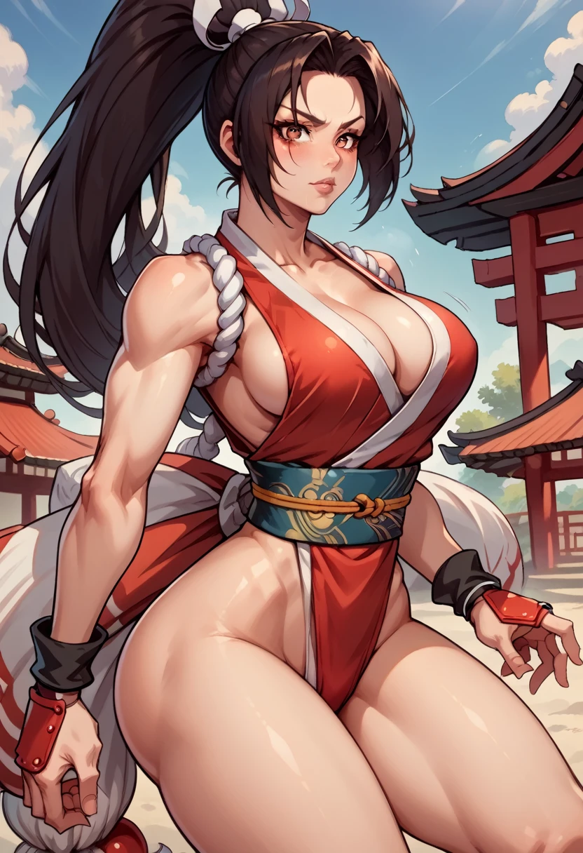 Mai shiranui, 29 years old woman, beautiful detailed eyes, beautiful detailed lips, extremely detailed face and features, long shinobi ponytail, fit muscular body, wide curvy hips, big breasts, big ass, toned thighs, wearing a shinobi outfit with leather shorts underneath, fundoshi, tabi, ninja,action,video game character