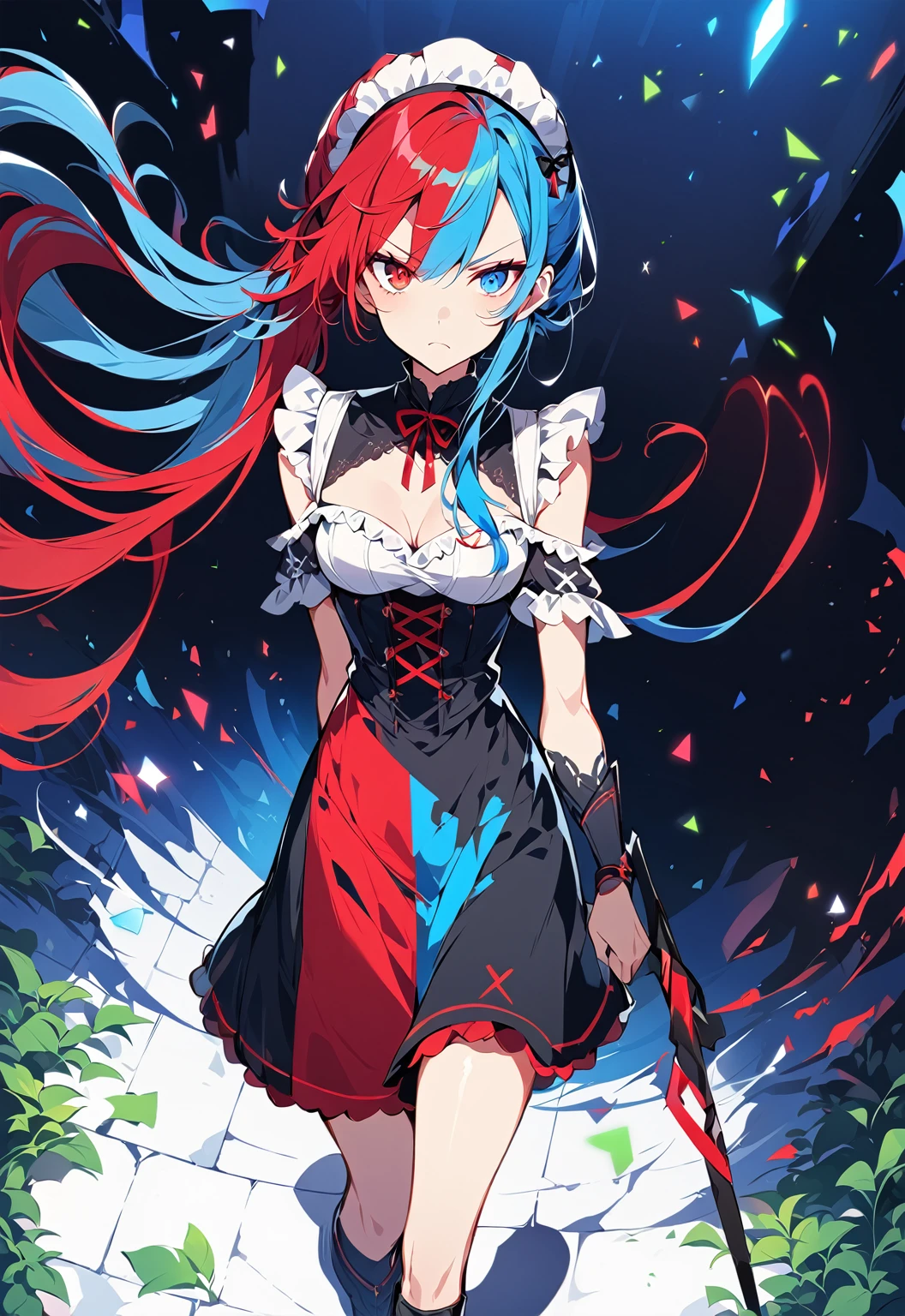 ((split-color hair,red hair,blue hair)),[(garden background:1.4)::5],original,(illustration:1.1),(best quality),(masterpiece:1.1),(extremely detailed CG unity 8k wallpaper:1.1), (colorful:0.9),(mid shot:0.95),(full body:1.5),Dynamic angle,(solo:1.2), (girl),((adult)), (detailed beautiful eyes:1.15), (beautiful face:1.15), (glowing red eyes:1.25////),((medium hair)),((split-color hair,red hair,blue hair)),(high twintails),(chignon),(+perfect hand+:1.21),(Draw an illustration of a gothic girl),(Religious),(slender),(is wearing boots on her feet),((is wearing white maid clothes)),(furious), Lace Off-shoulder  fashion,beautiful slender woman,high twintails,((split-color hair,red hair,blue hair)),((split-color hair,red hair,blue hair)),((split-color hair,red hair,blue hair)),((split-color hair,red hair,blue hair)),((black long boots)),((whole body)),