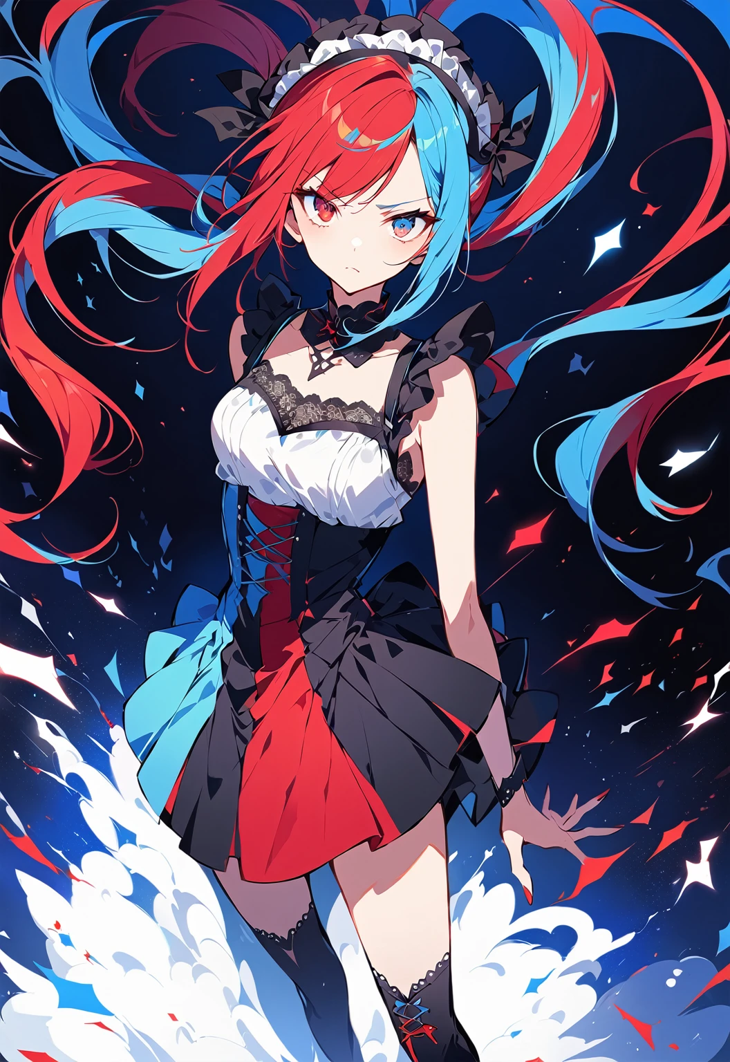 ((split-color hair,red hair,blue hair)),[(garden background:1.4)::5],original,(illustration:1.1),(best quality),(masterpiece:1.1),(extremely detailed CG unity 8k wallpaper:1.1), (colorful:0.9),(mid shot:0.95),(full body:1.5),Dynamic angle,(solo:1.2), (girl),((adult)), (detailed beautiful eyes:1.15), (beautiful face:1.15), (glowing red eyes:1.25////),((medium hair)),((split-color hair,red hair,blue hair)),(high twintails),(chignon),(+perfect hand+:1.21),(Draw an illustration of a gothic girl),(Religious),(slender),(is wearing boots on her feet),((is wearing white maid clothes)),(furious), Lace Off-shoulder ta fashion,beautiful slender woman,high twintails,((split-color hair,red hair,blue hair)),((split-color hair,red hair,blue hair)),((split-color hair,red hair,blue hair)),((split-color hair,red hair,blue hair)),((black long boots)),((whole body)),