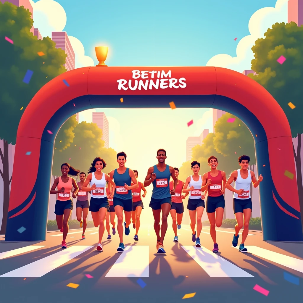 Race disclosure, track on the street, square, arrival sign written "Betim Runners",  red and blue colors, city background, athlete chest number, medal, trophy, many athletes,  rise sun, confeti, minimalistic, esporte