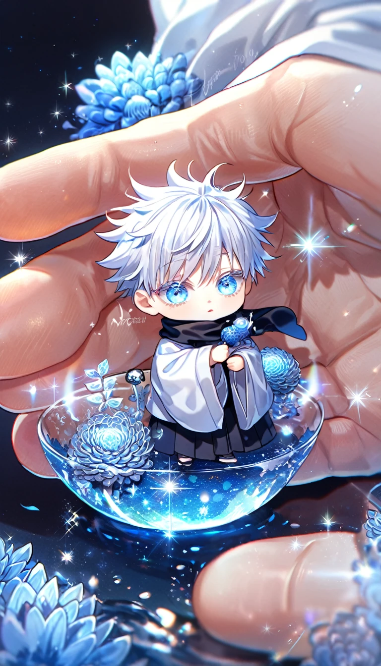 absurdres, highres, ultra detailed, HDR, master piece, best quality, extremely detailed, Gojou Satoru chibi, white hair, expressive blue eyes, white eyelashes, Jujutsu Kaisen, solo, cute, black scarf, white haori, black T-shirt, fantasy, water, sparkling, blue glittering fireflies, blue moon, blue blossoms, blue chrysanthemums, blue sparkling lights, starry sky