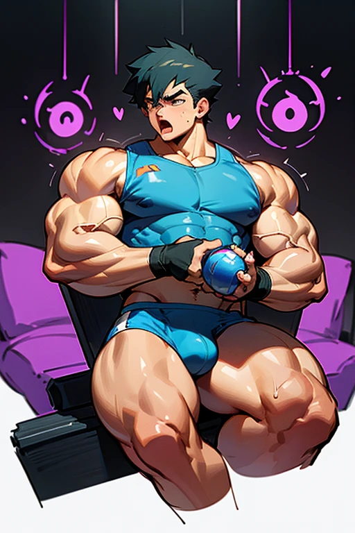 Ash Ketchum from Pokémon sitting on a weight bench with shoulders slumped. Sweating. Wearing a bulging jockstrap. Staring blankly as he listens to hypnotic subliminals through headphones. Monitors mounted on the walls around him display pulsing spirals to keep him in trance as he becomes a big dumb bodybuilder football jock. Open mouth. IQ drain. Dumber. Hypnosis. Trance. Brainwashing. Digital painting. Anime. Hyper swollen bulging crotch. Big muscles. Big traps. Big biceps. Big triceps. Broad shoulders. Big meaty hyper pecs. Bro. "I have to resist. Have to ... break free.... Have to ... have to..... I ... m-must.... I ... must...." Speaking in a dull monotone as he falls into trance. "Listen, ... repeat, ... conform, ... obey...." Speaking in unison with the other jocks in the room. "I ... I am sweaty. ... I am horny. ... I am sexy. ... I am dumb.... I'm just a mindless.... I'm just an empty, ... stupid, ... strong jock...." Brute. Dumber and dumber. Mindless. Brainless. Musclehead. Hyper muscles. Mouth hanging open. Perspiring. Sweaty. Hypnotic trance. Entranced. Hypnotized. Brainwashed. Brainwashing. Hypnosis. Glowing eyes. Mindless stare.