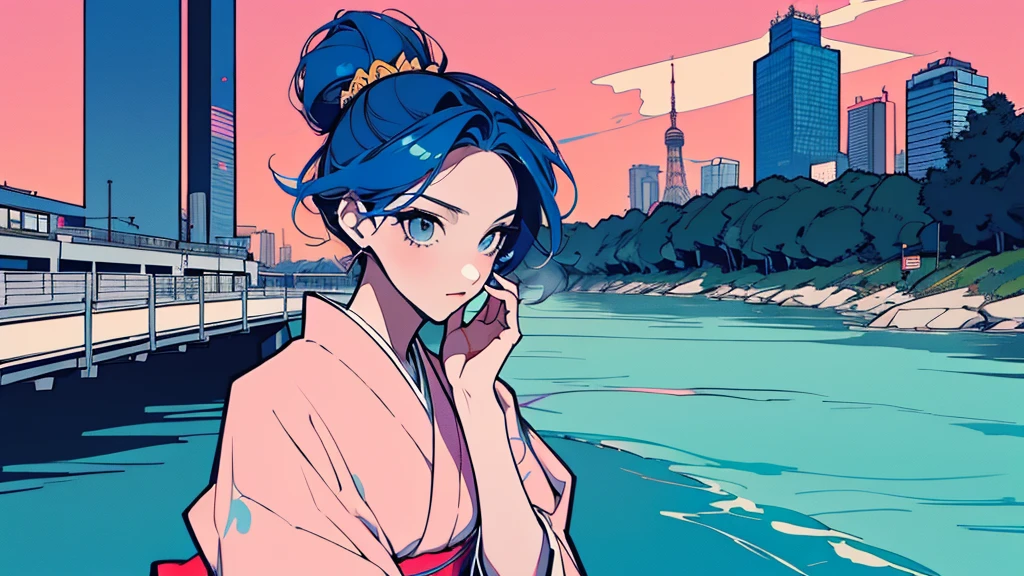 A retro anime-style illustration.A stylized illustration of a woman in traditional Japanese clothing (kimono) sitting by a river, holding a cigarette and exhaling smoke. The background features a vibrant, colorful cityscape with modern skyscrapers, a tower resembling Tokyo Tower, and a sunset sky with pastel hues of yellow, pink, and blue. The woman's hair is styled in a traditional updo, and she has a contemplative expression. The art style should be a blend of retro and modern, with a slight pop-art influence, using bold outlines and a limited color palette.