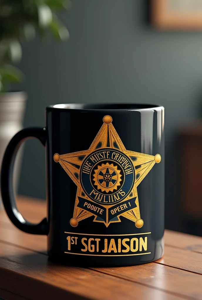 A mug with the symbol of the Military Police along with the first sergeant&#39;s badge and just below with the writing 1st Sgt Jaison. 